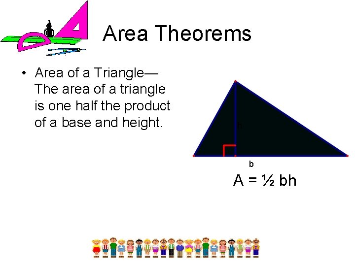 Area Theorems • Area of a Triangle— The area of a triangle is one