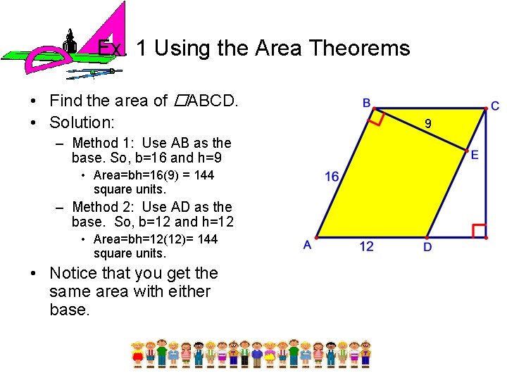 Ex. 1 Using the Area Theorems • Find the area of ABCD. • Solution: