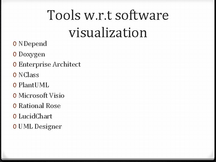 Tools w. r. t software visualization 0 NDepend 0 Doxygen 0 Enterprise Architect 0