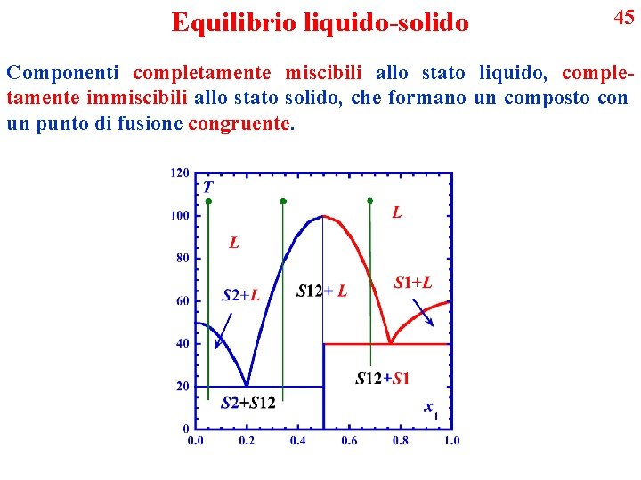 Equilibrio liquido-solido 45 Componenti completamente miscibili allo stato liquido, completamente immiscibili allo stato solido,