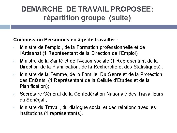 DEMARCHE DE TRAVAIL PROPOSEE: répartition groupe (suite) Commission Personnes en âge de travailler :