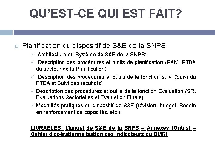 QU’EST-CE QUI EST FAIT? Planification du dispositif de S&E de la SNPS ü ü