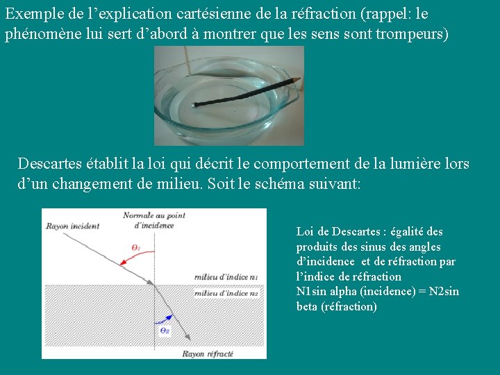 Exemple de l’explication cartésienne de la réfraction (rappel: le phénomène lui sert d’abord à Exemple de l’explication cartésienne de la réfraction (rappel: le phénomène lui sert d’abord à