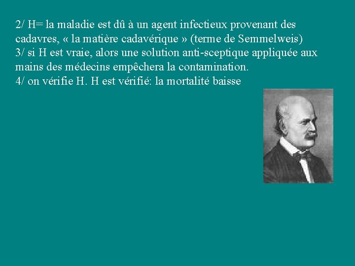 2/ H= la maladie est dû à un agent infectieux provenant des cadavres, « 2/ H= la maladie est dû à un agent infectieux provenant des cadavres, «