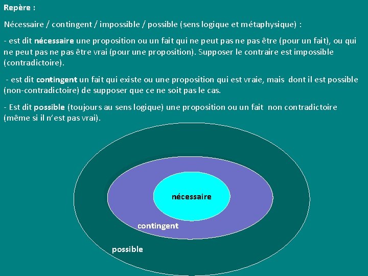 Repère : Nécessaire / contingent / impossible / possible (sens logique et métaphysique) : Repère : Nécessaire / contingent / impossible / possible (sens logique et métaphysique) :