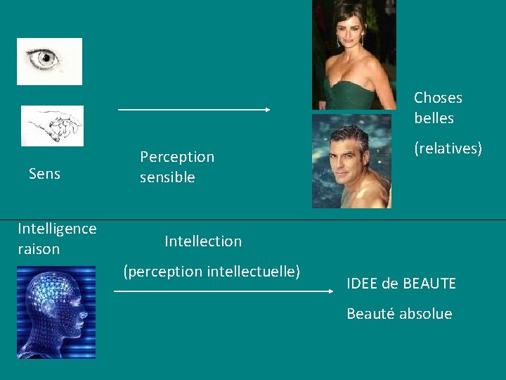 Choses belles Sens Intelligence raison Perception sensible (relatives) Intellection (perception intellectuelle) IDEE de BEAUTE Choses belles Sens Intelligence raison Perception sensible (relatives) Intellection (perception intellectuelle) IDEE de BEAUTE