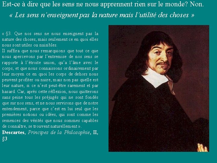Est-ce à dire que les sens ne nous apprennent rien sur le monde? Non. Est-ce à dire que les sens ne nous apprennent rien sur le monde? Non.