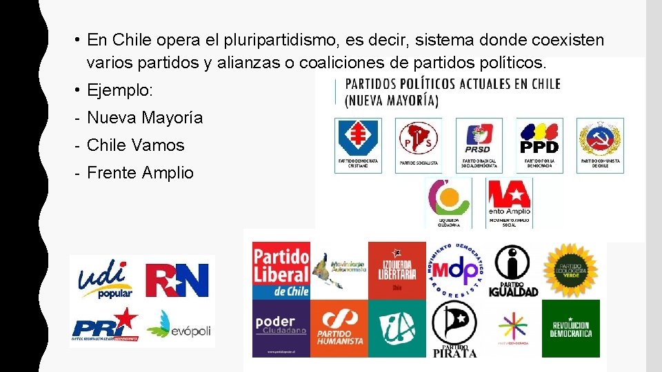  • En Chile opera el pluripartidismo, es decir, sistema donde coexisten varios partidos