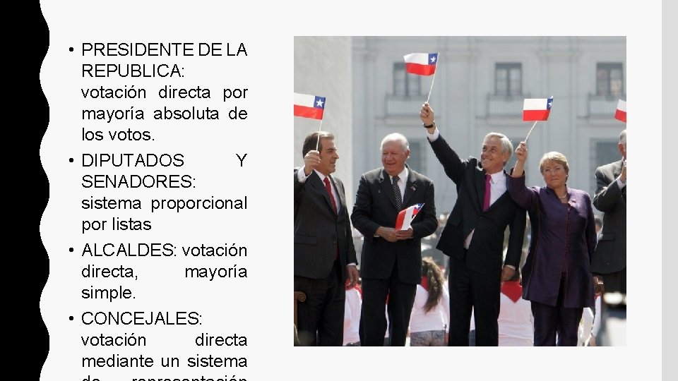  • PRESIDENTE DE LA REPUBLICA: votación directa por mayoría absoluta de los votos.