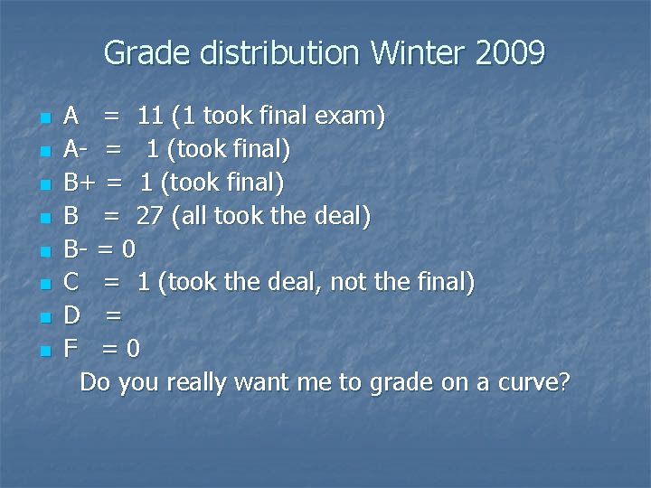Grade distribution Winter 2009 n n n n A = 11 (1 took final