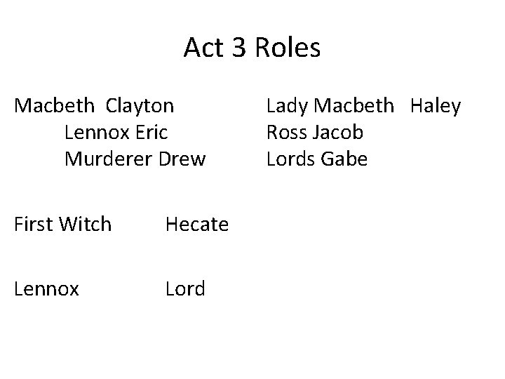 Act 3 Roles Macbeth Clayton Lennox Eric Murderer Drew First Witch Hecate Lennox Lord
