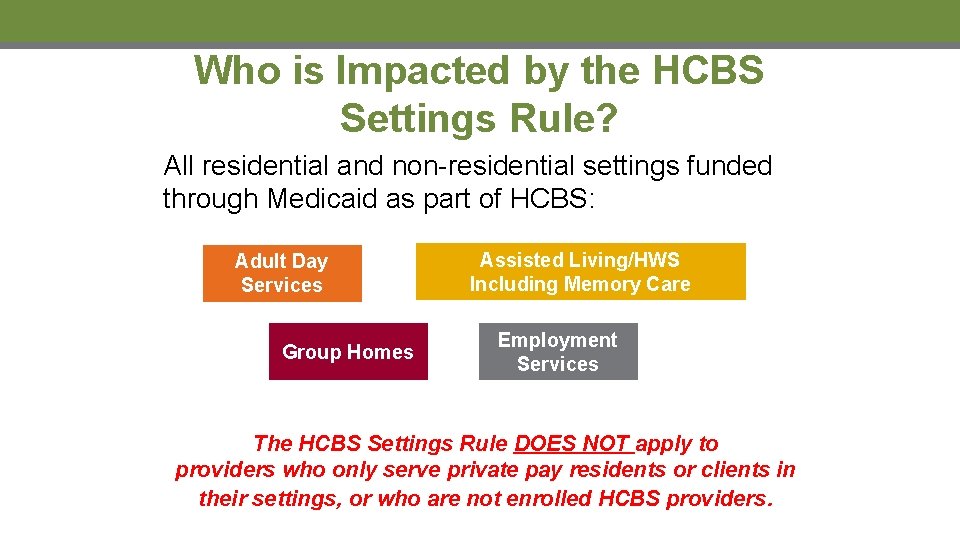 Who is Impacted by the HCBS Settings Rule? All residential and non-residential settings funded