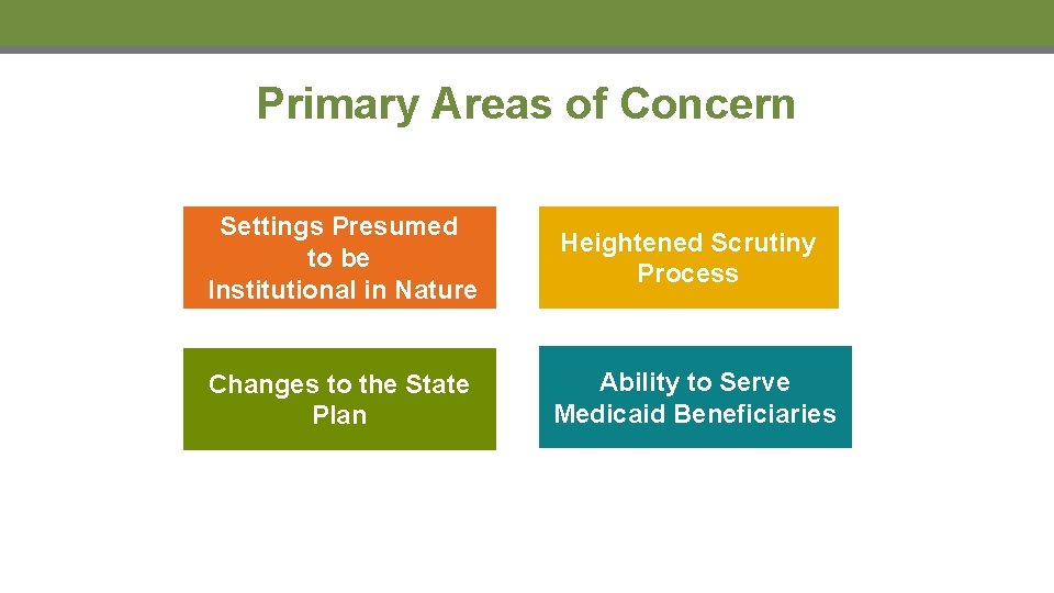 Primary Areas of Concern Settings Presumed to be Institutional in Nature Heightened Scrutiny Process