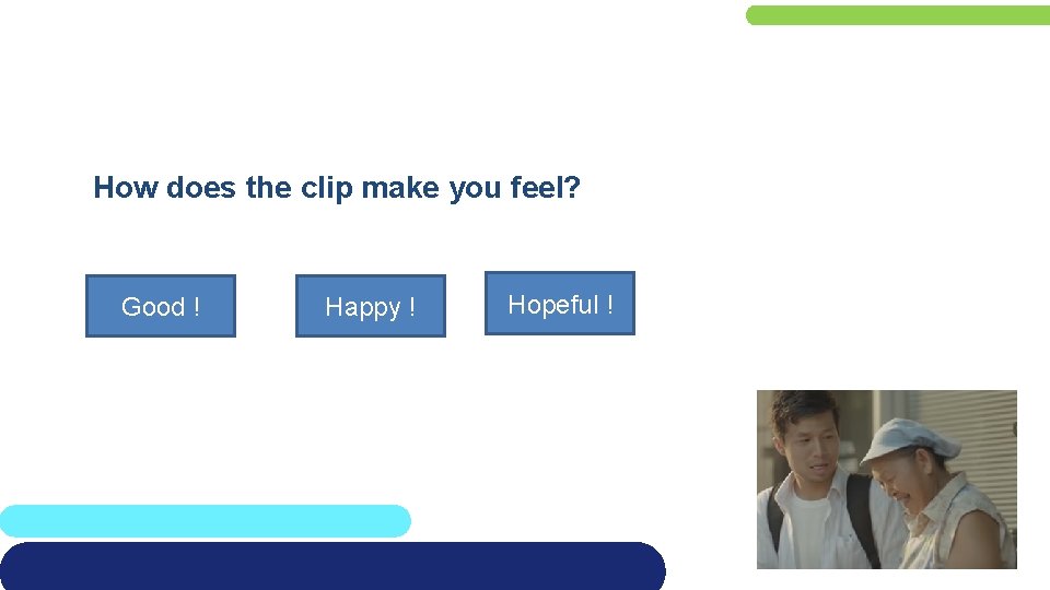 How does the clip make you feel? Good ! Happy ! Hopeful ! 