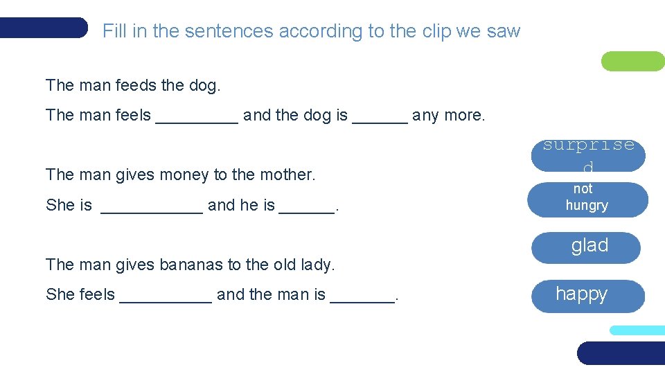 Fill in the sentences according to the clip we saw The man feeds the