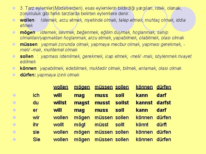 l 3. Tarz eylemler(Modalverben), esas eylemlerin bildirdiği yargıları, istek, olanak, zorunluluk gibi farklı tarzlarda