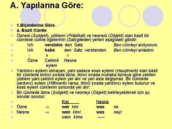 A. Yapılarına Göre: l 1. Biçimlerine Göre l a. Basit Cümle l Öznesi (Subjekt),