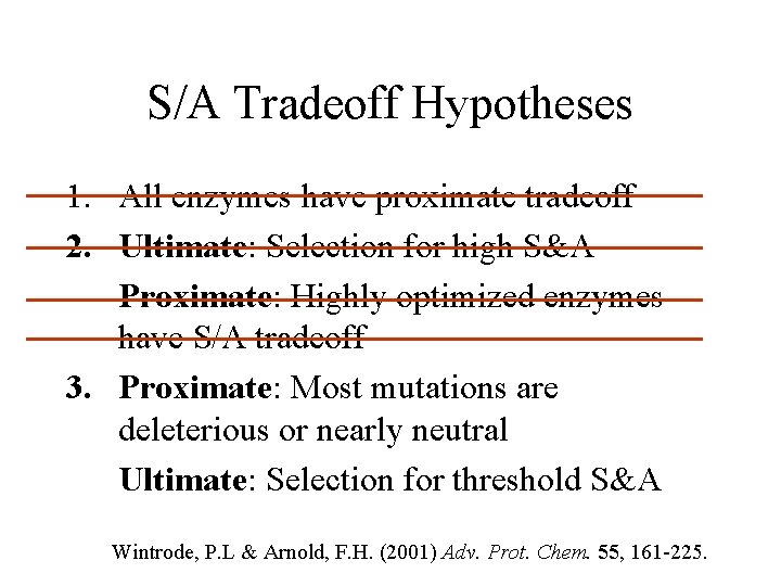S/A Tradeoff Hypotheses 1. All enzymes have proximate tradeoff 2. Ultimate: Selection for high