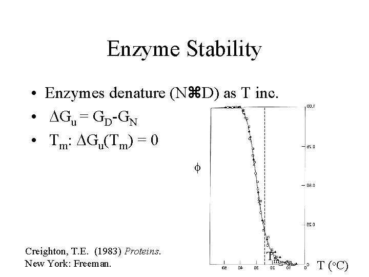 Enzyme Stability • Enzymes denature (N D) as T inc. • DGu = GD-GN