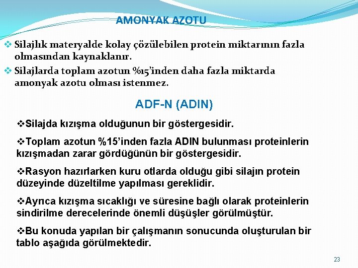 AMONYAK AZOTU v Silajlık materyalde kolay çözülebilen protein miktarının fazla olmasından kaynaklanır. v Silajlarda