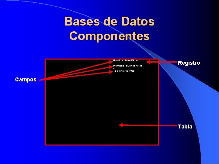 Bases de Datos Componentes Nombre: Juan Pérez Domicilio: Buenos Aires 1 Teléfono: 434456 Registro