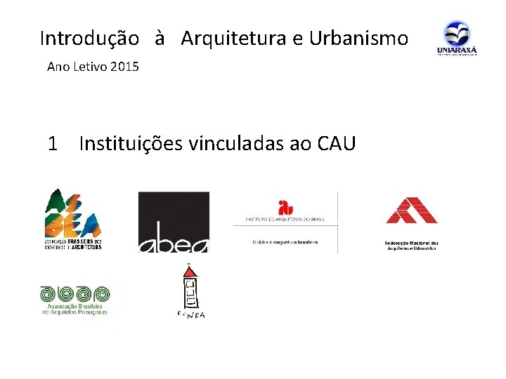  Introdução à Arquitetura e Urbanismo Ano Letivo 2015 1 Instituições vinculadas ao CAU