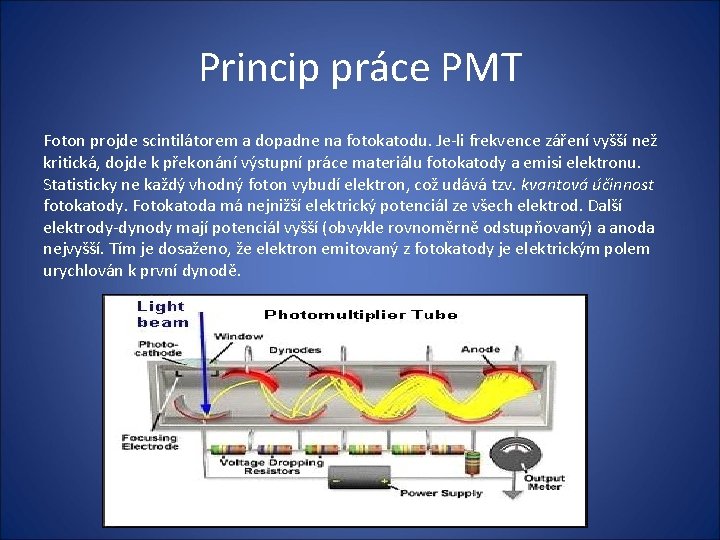 Princip práce PMT Foton projde scintilátorem a dopadne na fotokatodu. Je-li frekvence záření vyšší