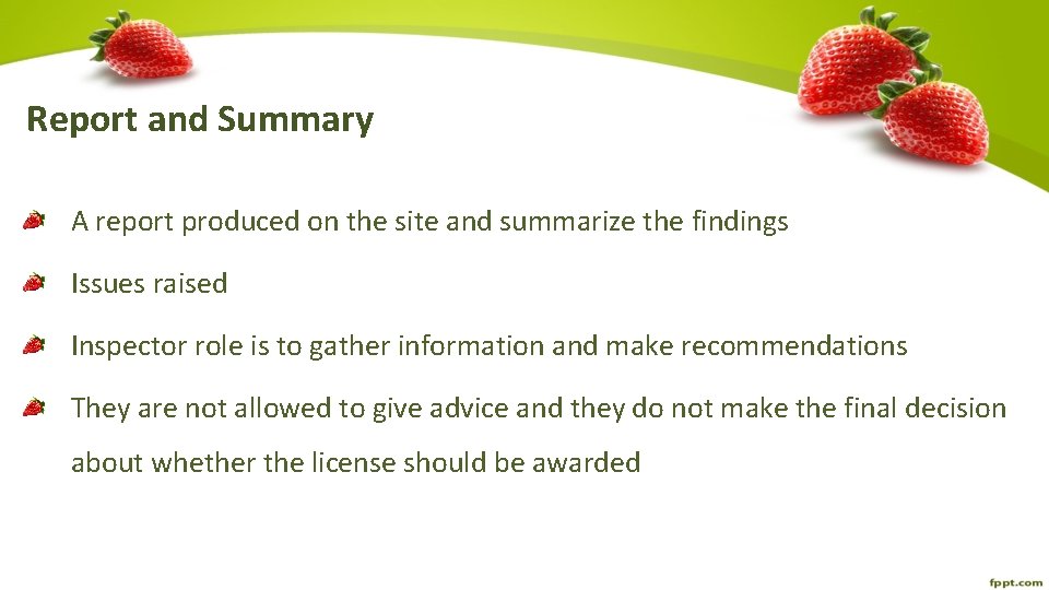 Report and Summary A report produced on the site and summarize the findings Issues