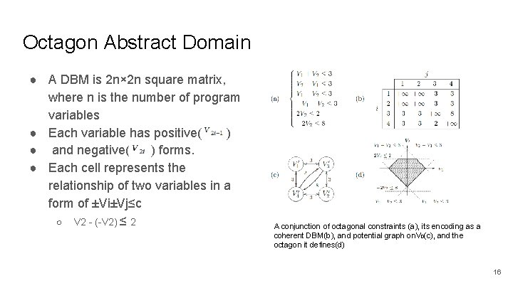 Octagon Abstract Domain ● A DBM is 2 n× 2 n square matrix, where