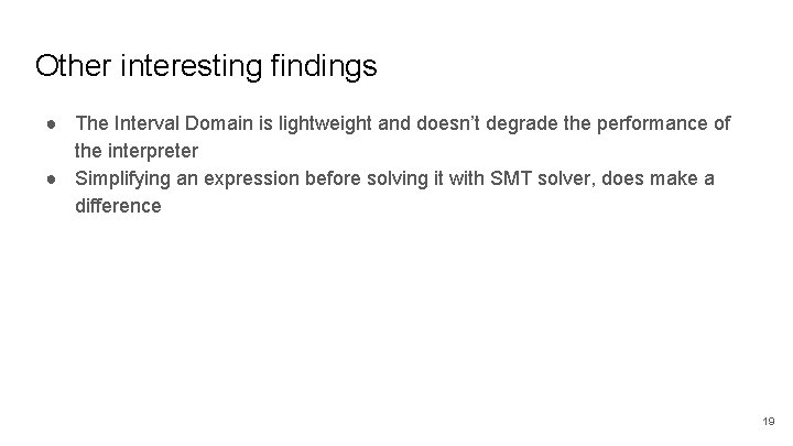 Other interesting findings ● The Interval Domain is lightweight and doesn’t degrade the performance