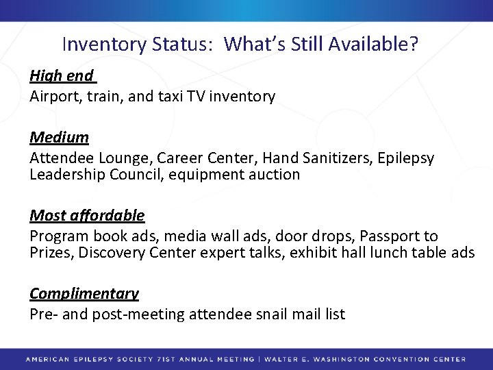 Inventory Status: What’s Still Available? High end Airport, train, and taxi TV inventory Medium