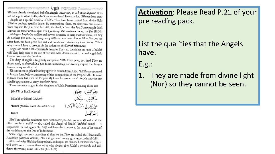 Activation: Please Read P. 21 of your pre reading pack. List the qualities that