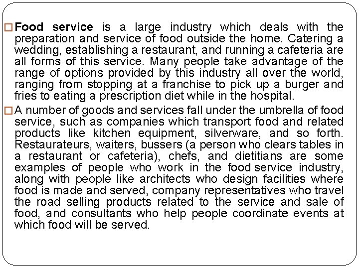 Theme 1 Basic notions and definitions of restaurant