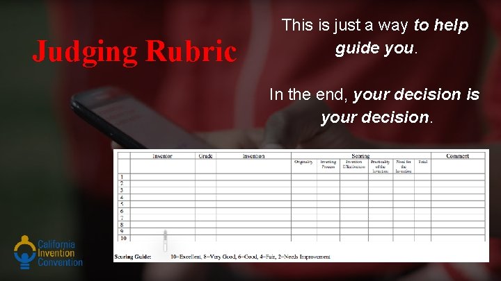 Judging Rubric This is just a way to help guide you. In the end,