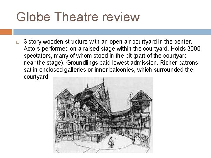Globe Theatre review 3 story wooden structure with an open air courtyard in the