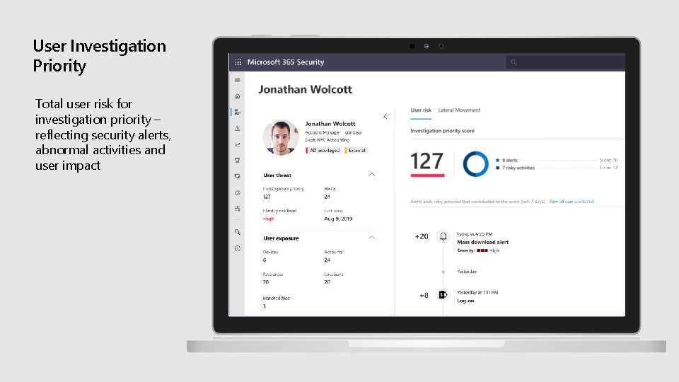 User Investigation Priority Total user risk for investigation priority – reflecting security alerts, abnormal