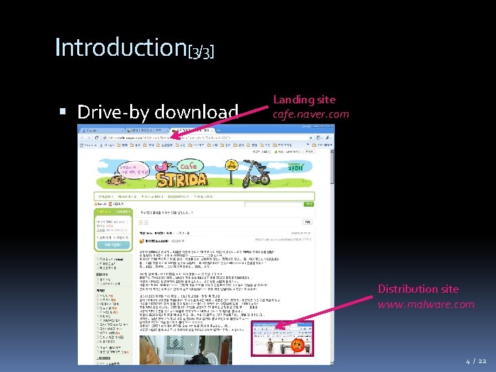 Introduction[3/3] Drive-by download Landing site cafe. naver. com Distribution site www. malware. com 4