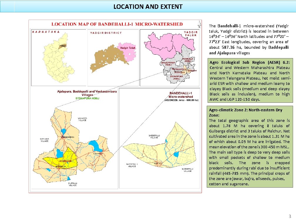 LOCATION AND EXTENT The Bandehalli-1 micro-watershed (Yadgir taluk, Yadgir district) is located in between