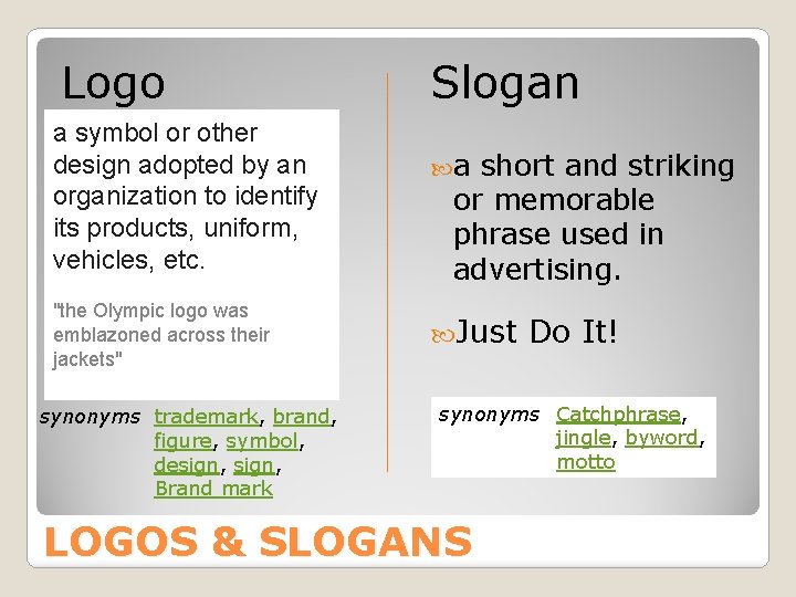 Logo a symbol or other design adopted by an organization to identify its products,