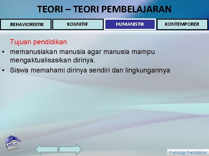 TEORI – TEORI PEMBELAJARAN BEHAVIORISTIK KOGNITIF HUMANISTIK KONTEMPORER Tujuan pendidikan • memanusiakan manusia agar