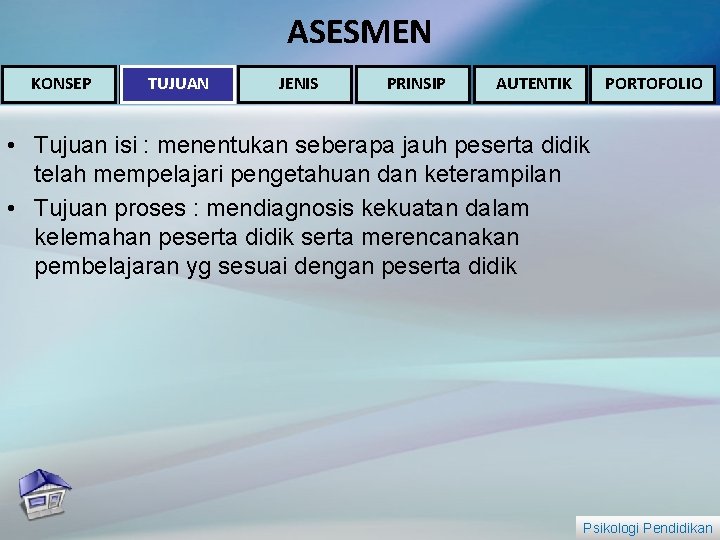 ASESMEN KONSEP TUJUAN JENIS PRINSIP PORTOFOLIO AUTENTIK • Tujuan isi : menentukan seberapa jauh