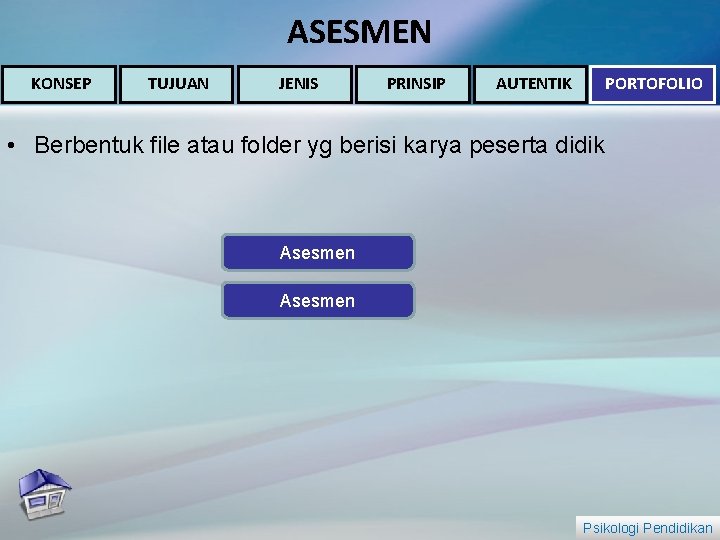 ASESMEN KONSEP TUJUAN JENIS PRINSIP PORTOFOLIO AUTENTIK • Berbentuk file atau folder yg berisi