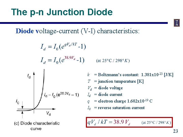 The p-n Junction Diode voltage-current (V-I) characteristics: k T Vd Id q I 0