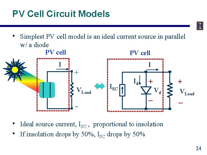 PV Cell Circuit Models • Simplest PV cell model is an ideal current source