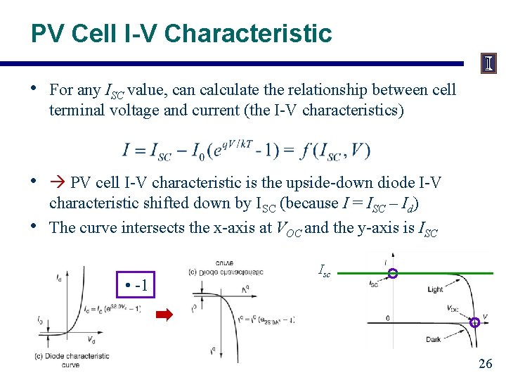 PV Cell I-V Characteristic • For any ISC value, can calculate the relationship between