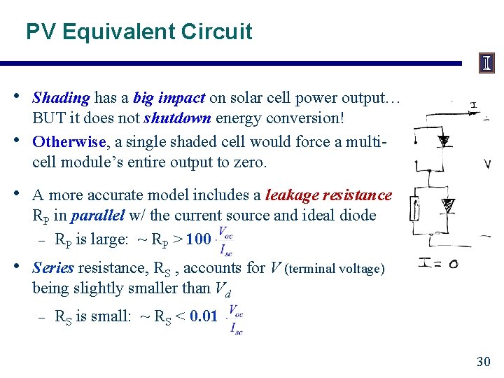 PV Equivalent Circuit • • Shading has a big impact on solar cell power