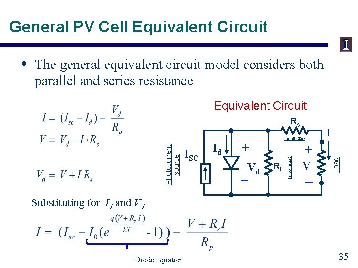 General PV Cell Equivalent Circuit The general equivalent circuit model considers both parallel and