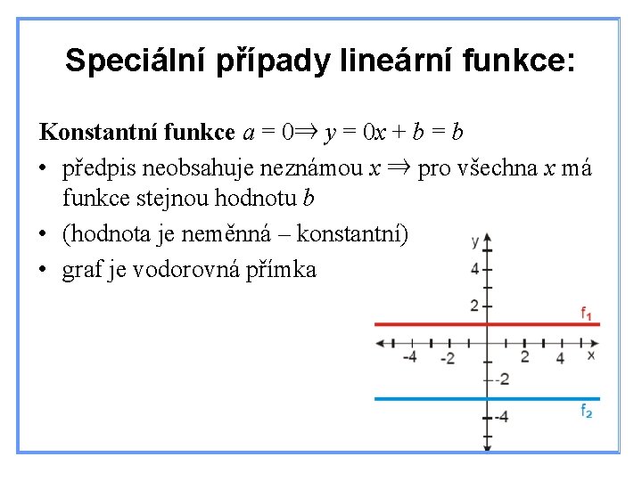 Speciální případy lineární funkce: Konstantní funkce a = 0⇒ y = 0 x +