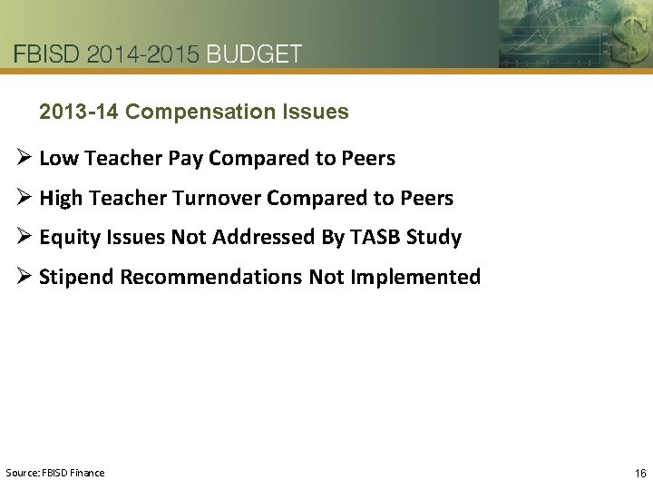 2013 -14 Compensation Issues Ø Low Teacher Pay Compared to Peers Ø High Teacher