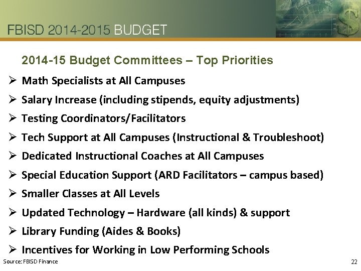2014 -15 Budget Committees – Top Priorities Ø Math Specialists at All Campuses Ø